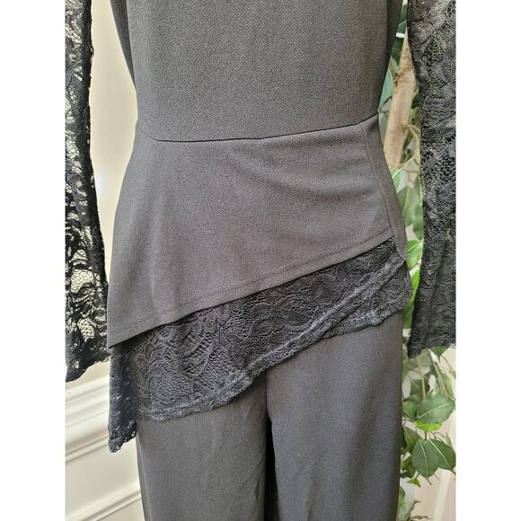 Women's Jumpsuit Small Black Lace Long Sleeve Asymmetrical Hem Wide Leg Evening - Picture 4 of 16
